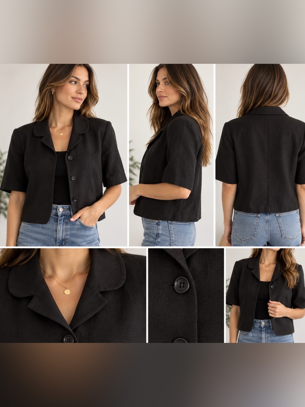Club Monaco Linen Blend Blazer Top Black Short Sleeve Size 8